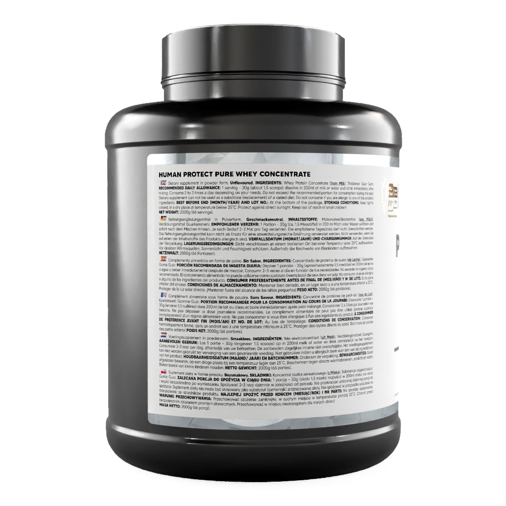 Whey protein tub, back panel with ingredient text and serving directions