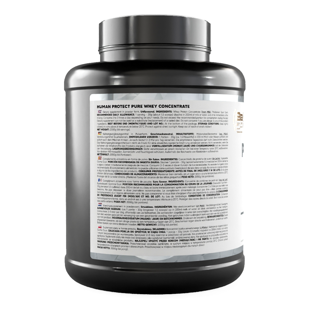 Whey protein tub, back panel with ingredient text and serving directions