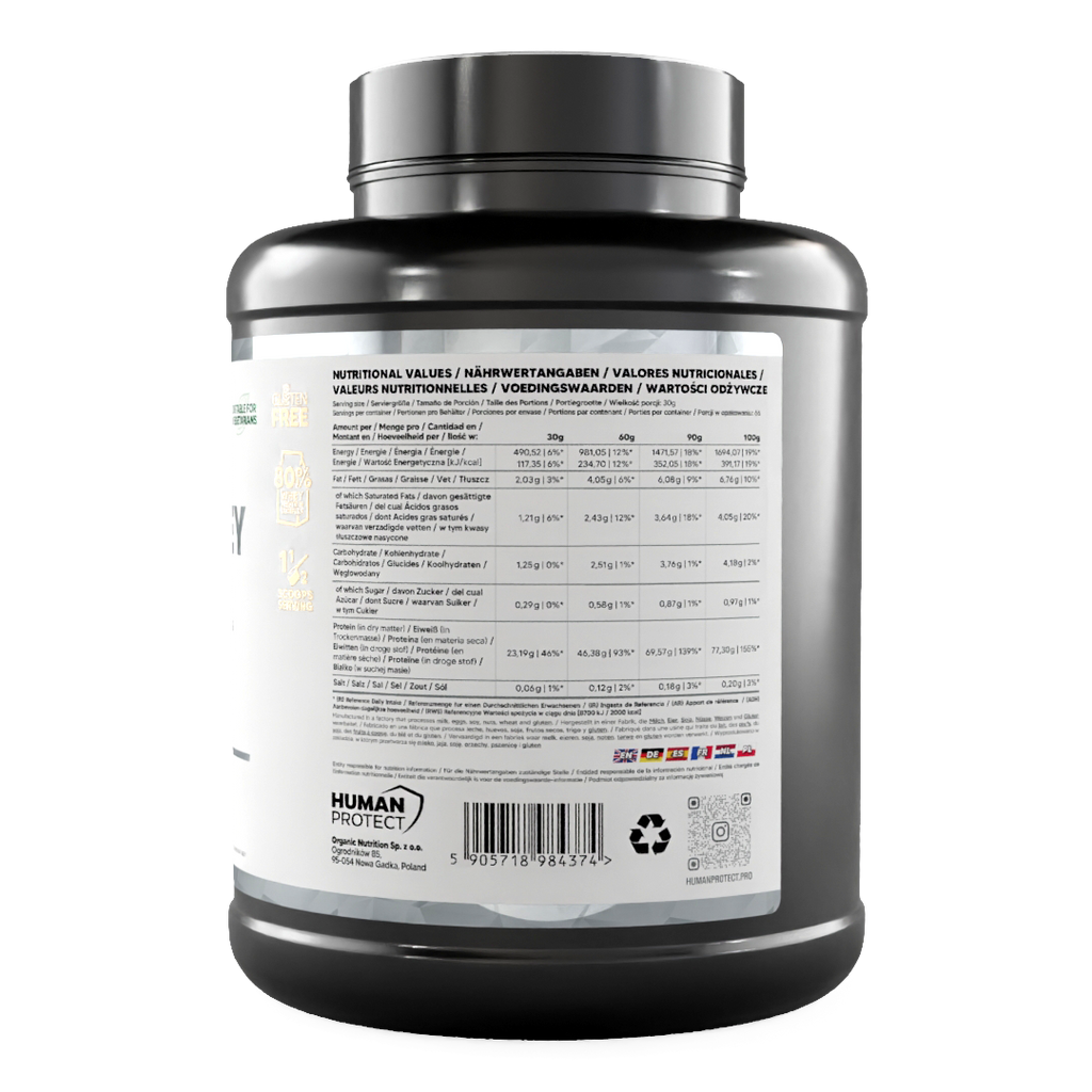 Whey protein tub, nutrition values table and barcode on back label