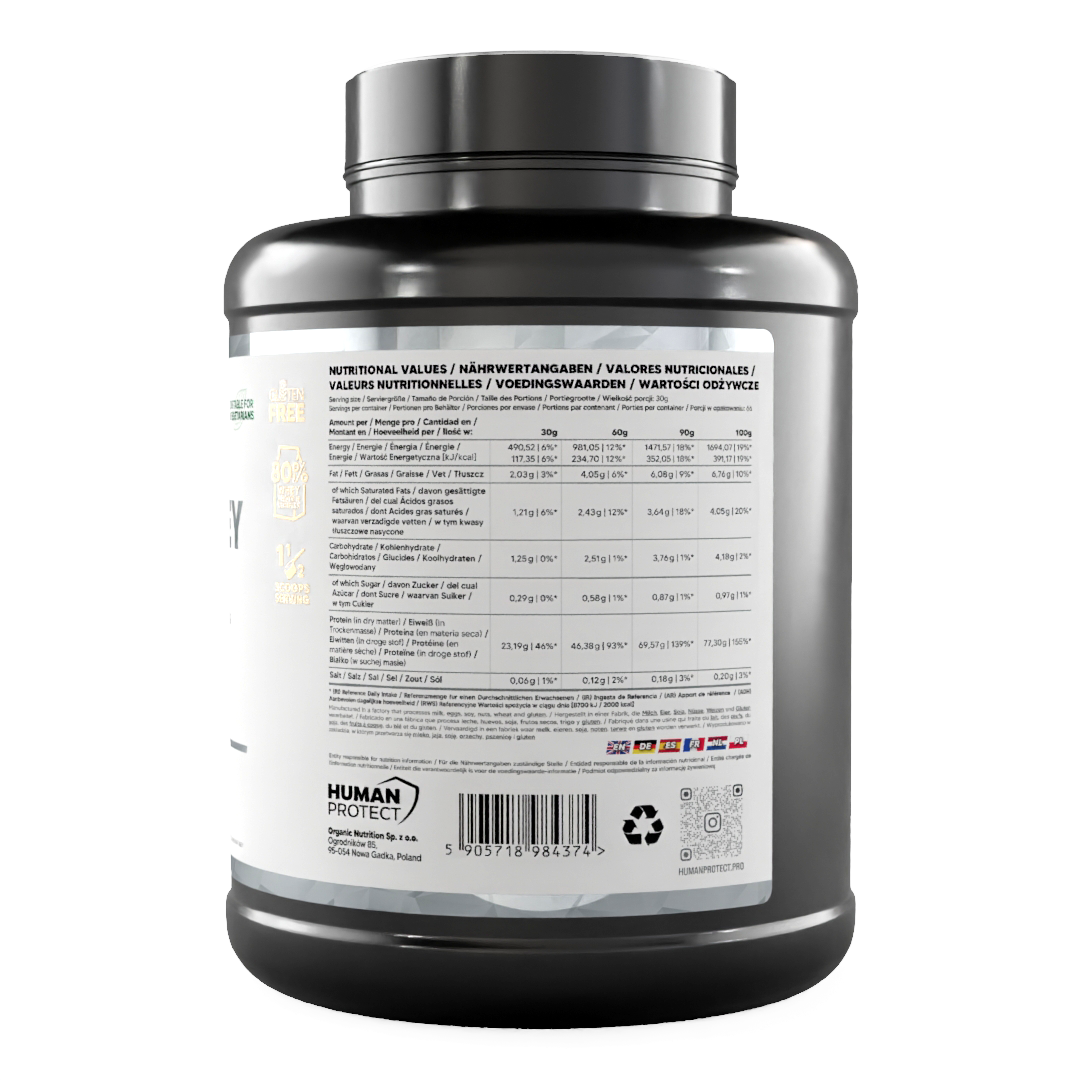 Whey protein tub, nutrition values table and barcode on back label