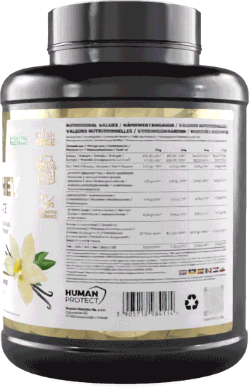 Pure Whey Vanille 2000g Dose: Front mit Produktlabel und Vanille-Grafik