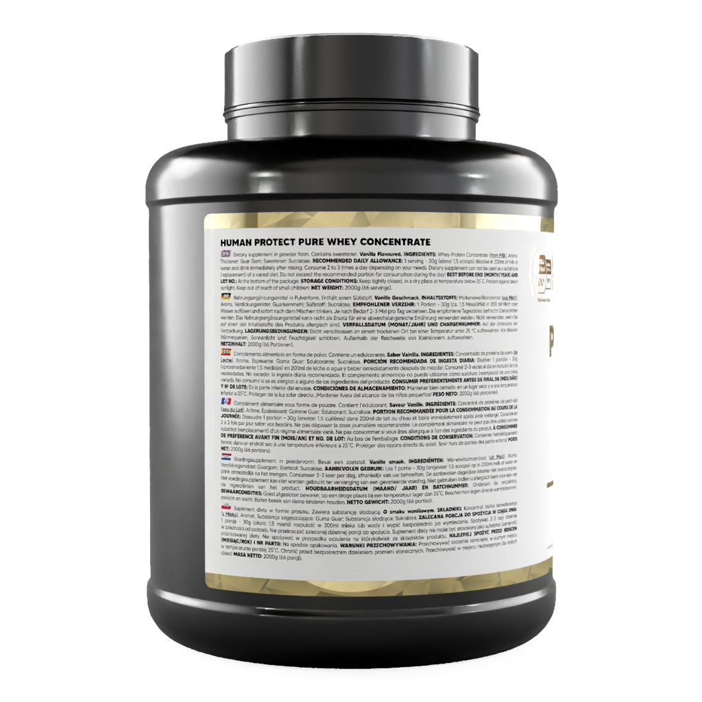 Pure Whey Vanille 2000g Dose: Rückseite mit Zutaten- und Nährwerttext