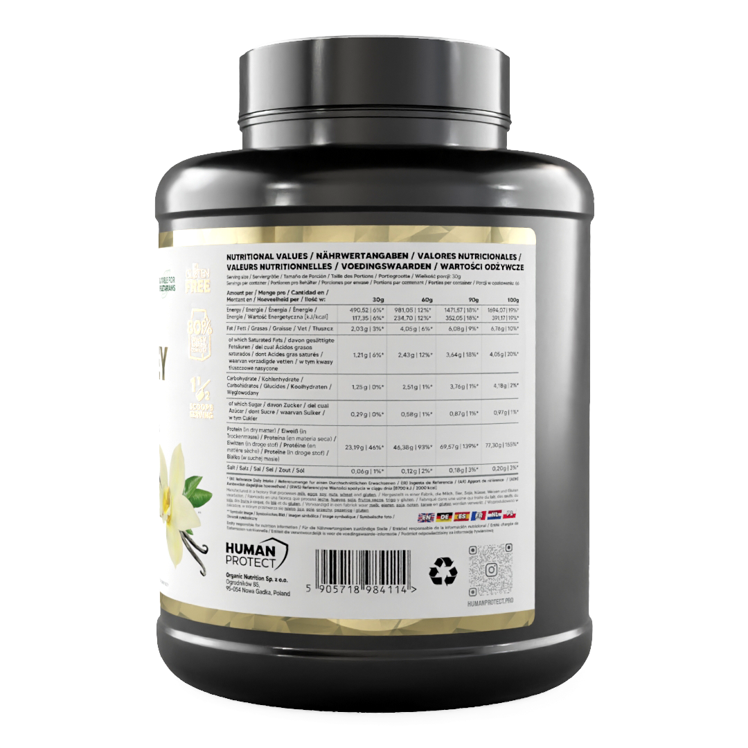 Pure Whey Vanille 2000g Dose: Rückseite mit Nährwerttabelle und Barcode