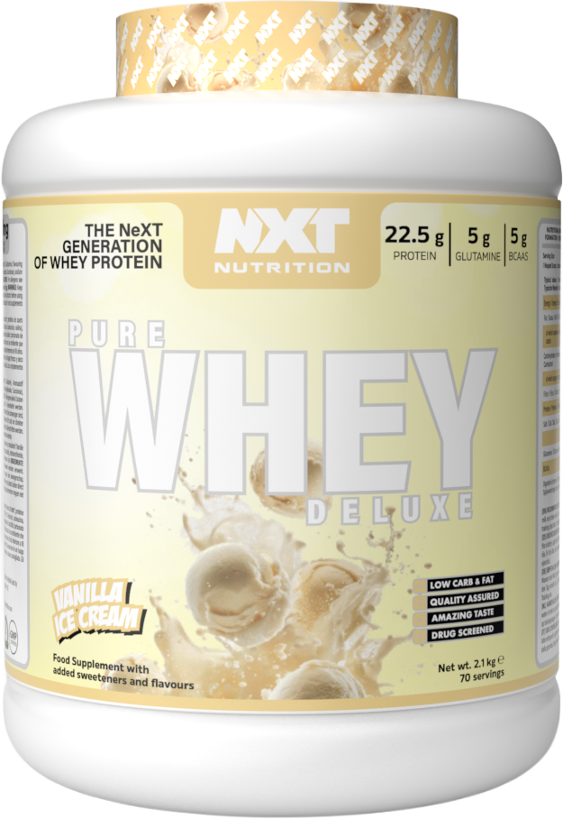 NXT Nutrition Pure Whey Deluxe 2.1kg Vanilla Ice Cream protein powder tub, front label