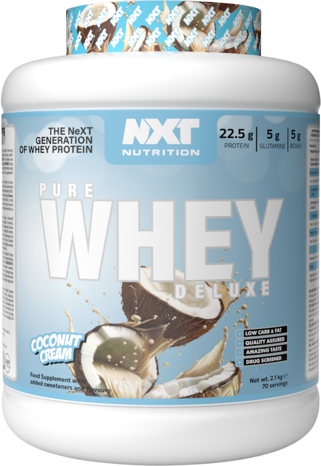 Pure Whey Deluxe 2.1kg Coconut Cream protein powder tub, NXT label