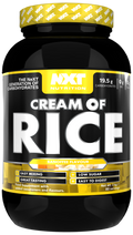 NXT Nutrition Cream of Rice 2kg Banana powder tub, black with yellow lid and label
