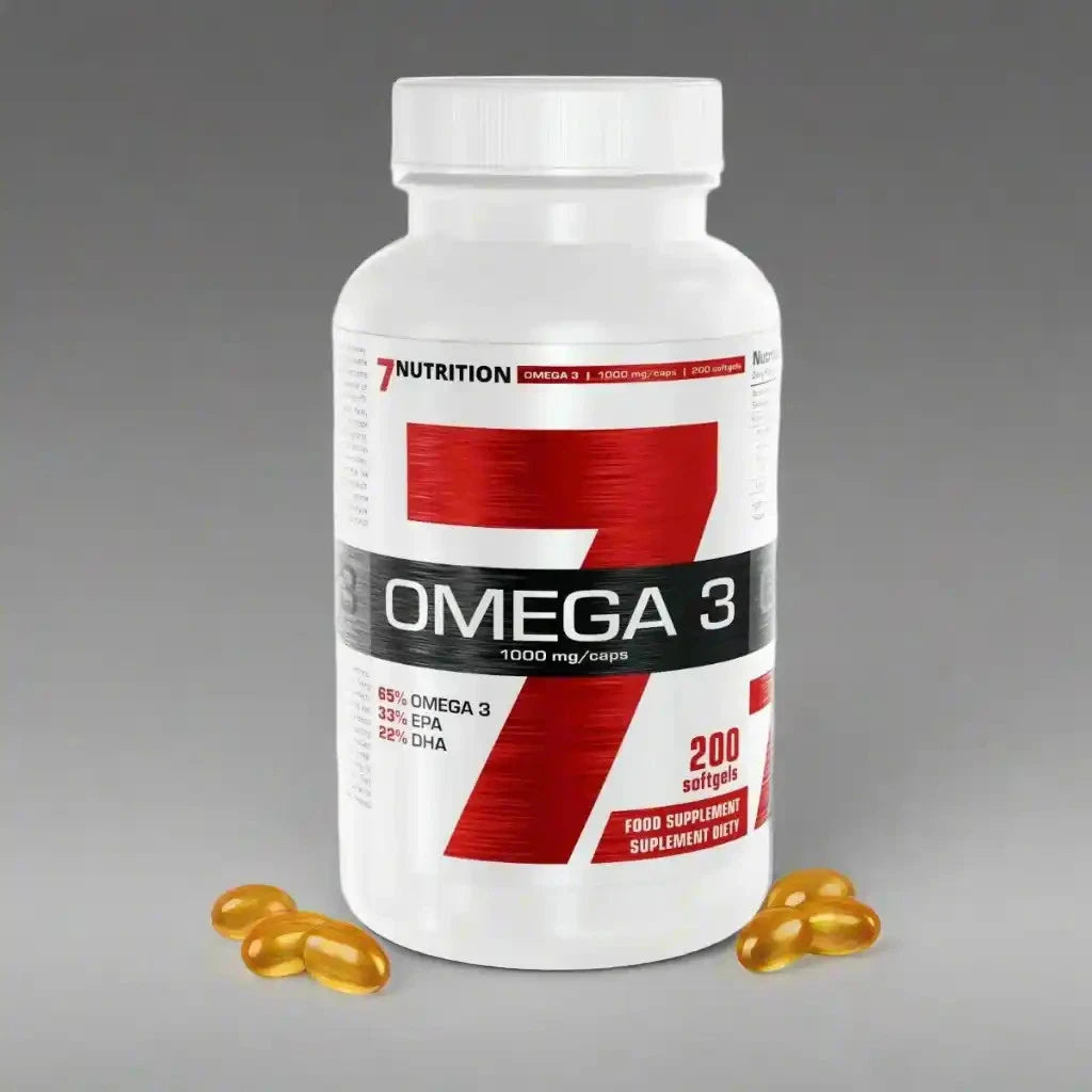 7Nutrition Omega 3 Mega Kapseln, 200 Softgels, Frontetikett mit „Omega 3“