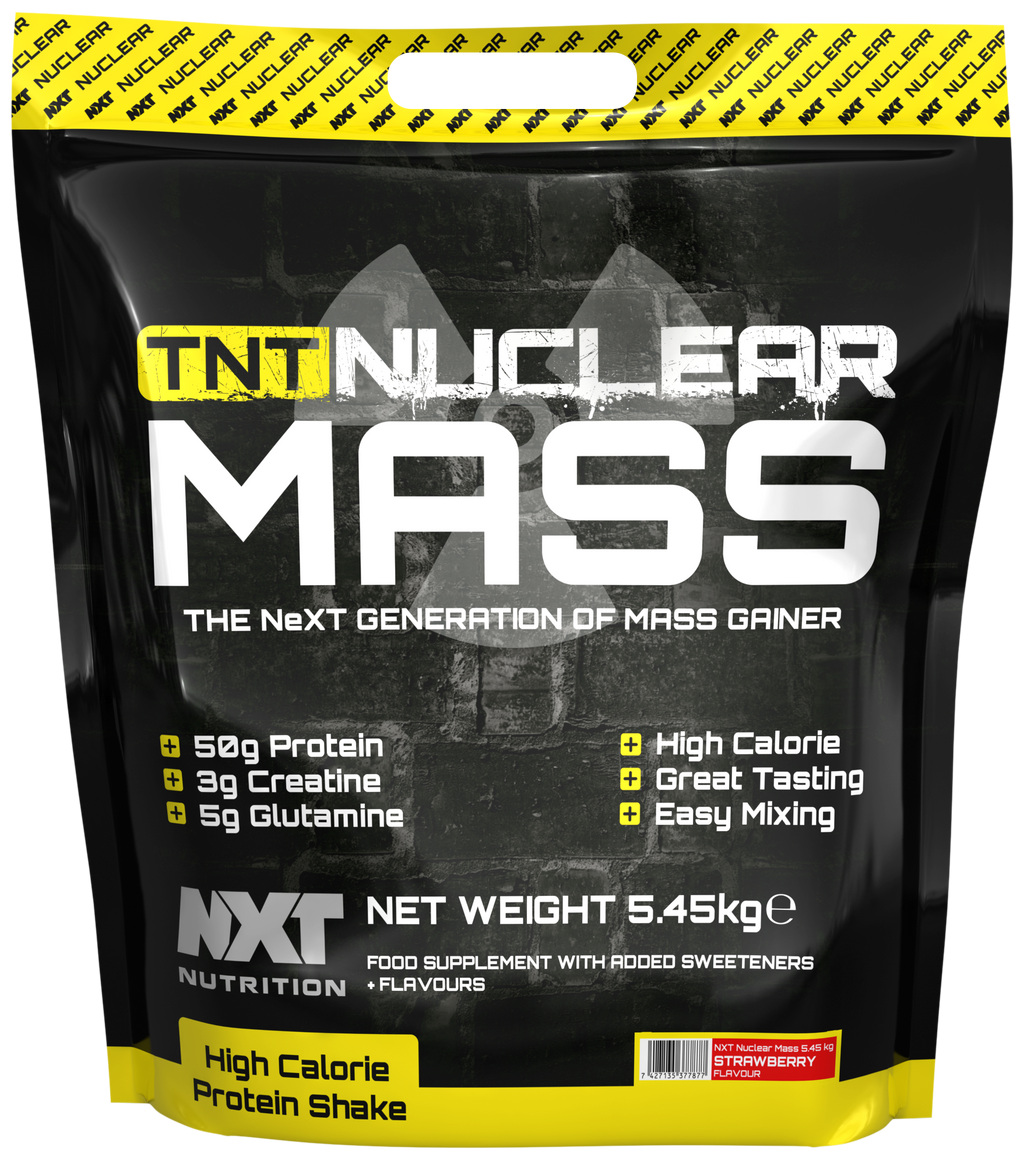 NXT Nutrition TNT Nuclear Mass 5.45 kg strawberry mass gainer bag, high calorie protein shake