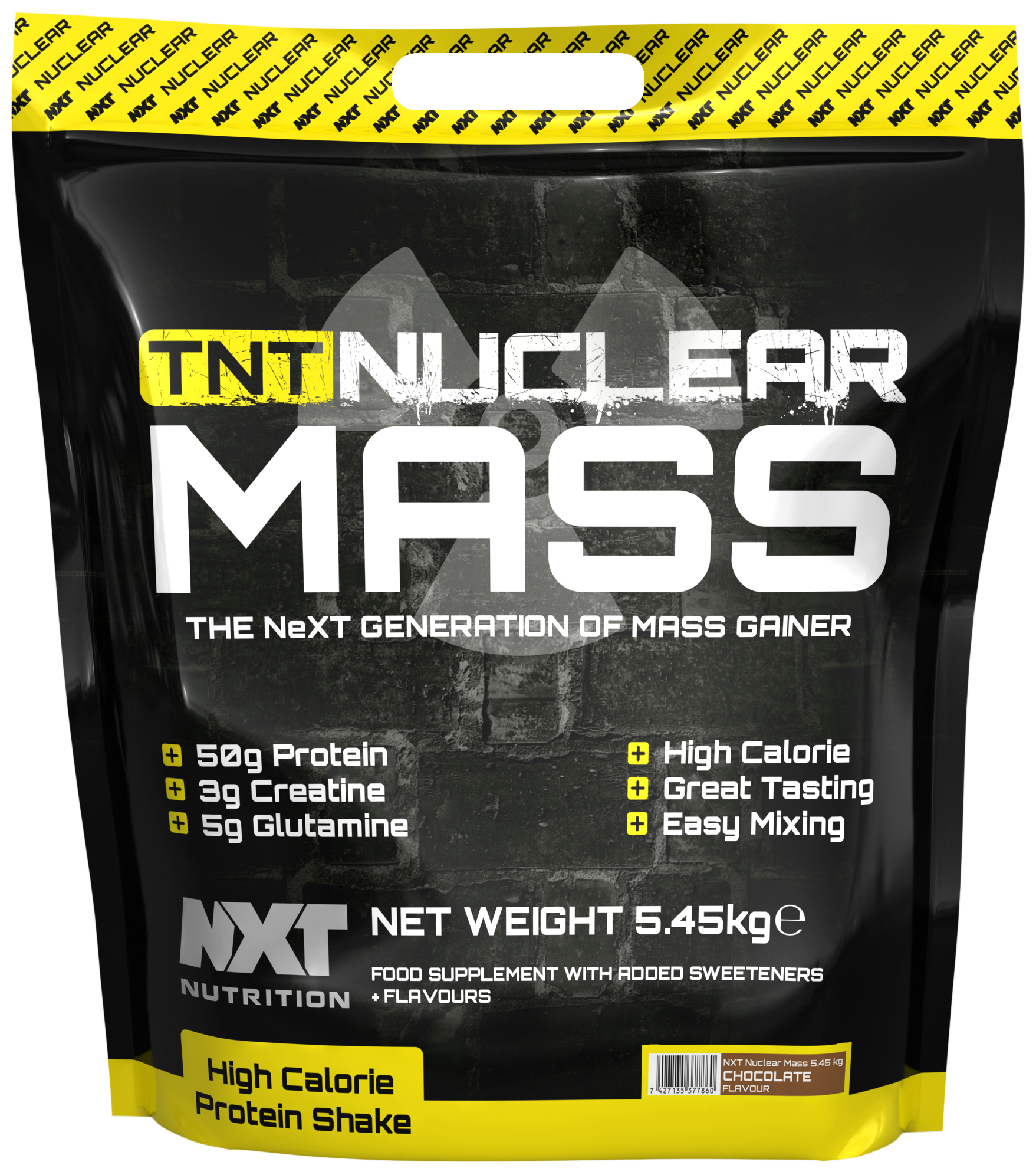 NXT TNT Nuclear Mass 5.45kg chocolate mass gainer bag, front label and net weight