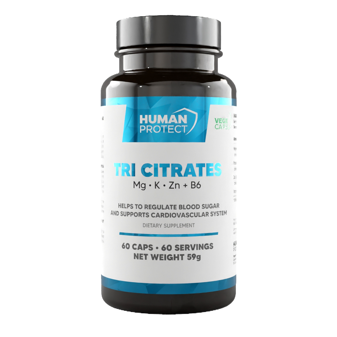 Tri Citrates-Dose mit blauem Schriftzug „Tri Citrates“ und 60 Kapseln
