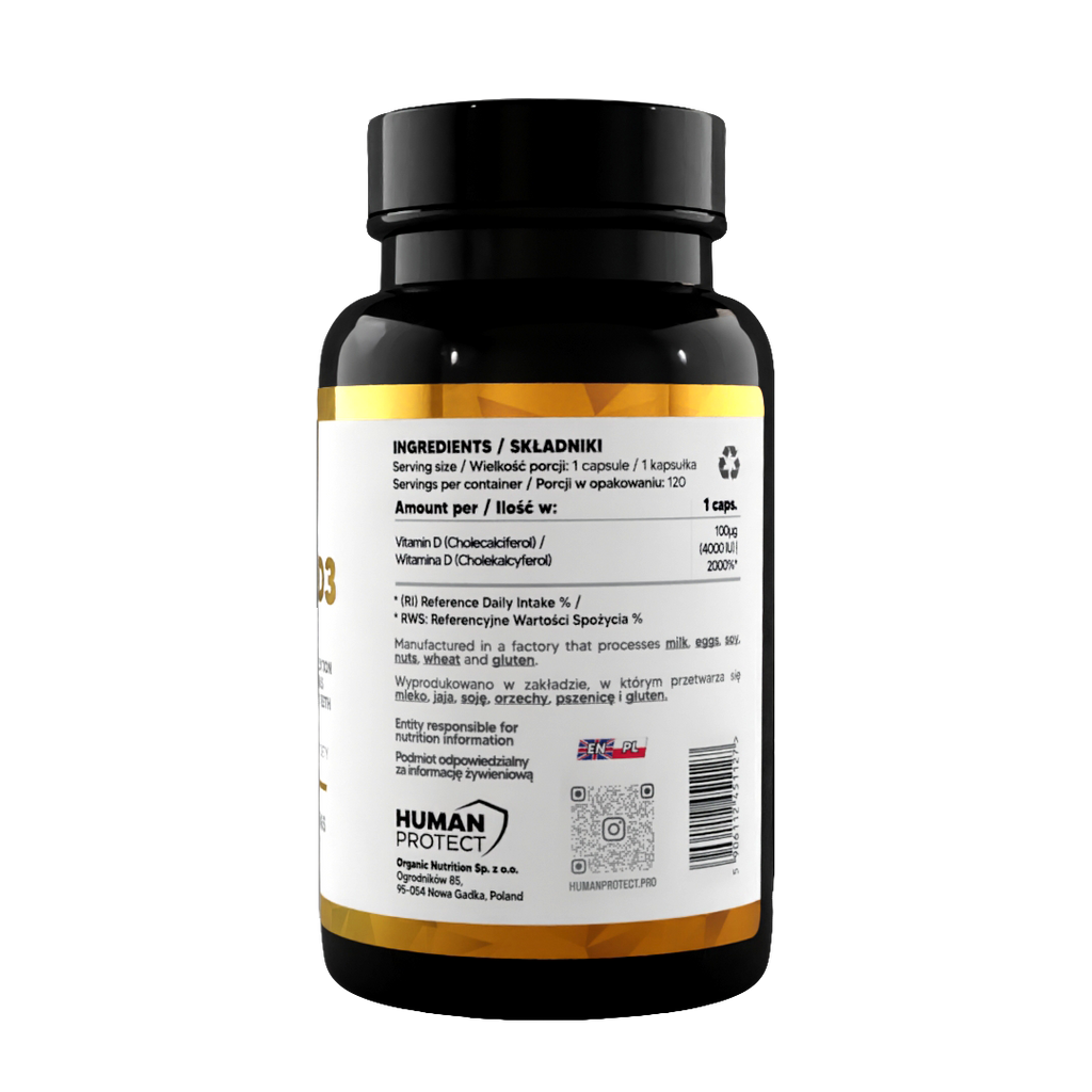 Vitamin D3 4000 IU Flasche, Seitenetikett mit Zutaten und Nährwertangaben