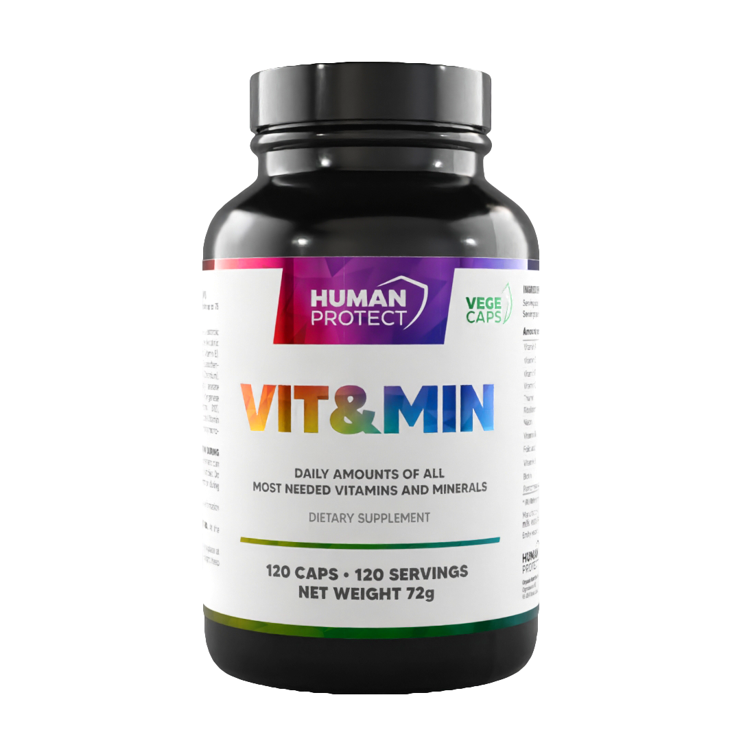 Human Protect Vit&Min-120 Dose, Vorderseite mit „VEGE CAPS“ und 120 Kapseln