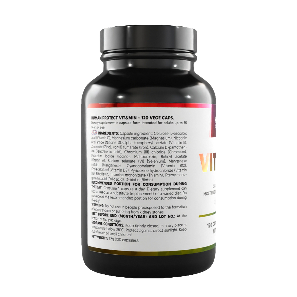 Vit&Min-120 Veg Caps Dose, Rückseite mit Einnahme- und Lagerhinweisen